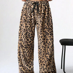 Multicolor Casual Women's Tie-Waist Fluffy Leopard Print Wide Leg Baggy Pants